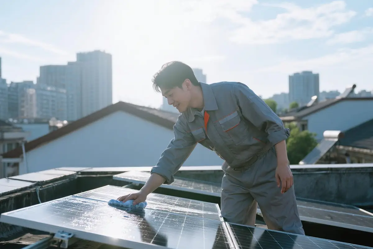Cleaning solar panels in the morning