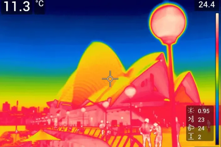 Thermal imaging cameras highlight the heat radiating from Sydney Harbour