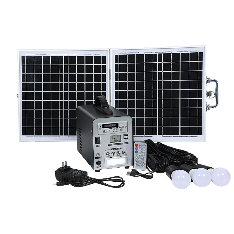 Complete accessories included with the 0362B40-01 40W portable solar power system including solar panel, LED bulbs, cables, and controller