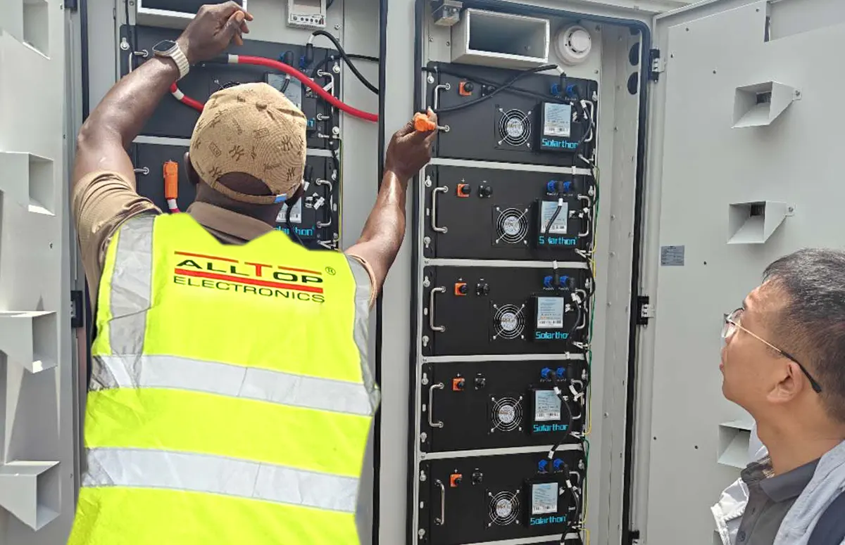 GODE engineers performing system wiring and final commissioning of the 215kWh battery storage system in Nigeria