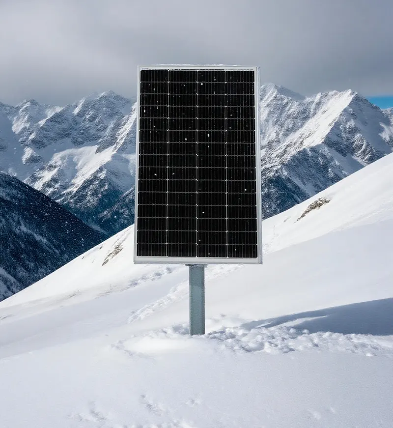 ST-M-300W monocrystalline solar panel on a mountain, withstanding rain and snow, demonstrating all-weather durability and high-efficiency energy generation