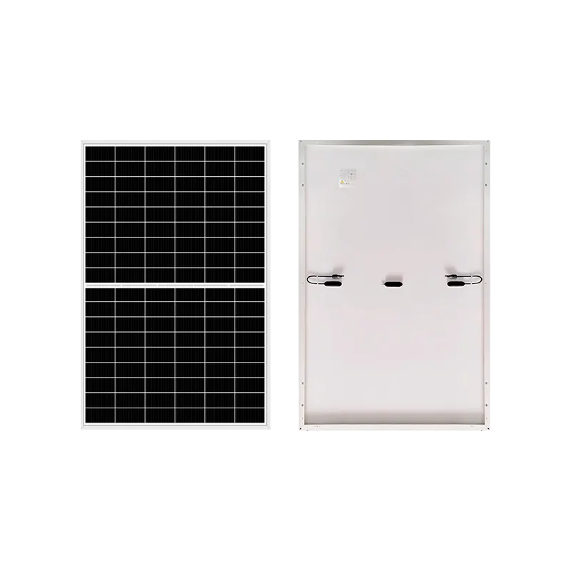 Combined front and back view of ST-M-450W solar panel showing photovoltaic cells and junction box with connectors