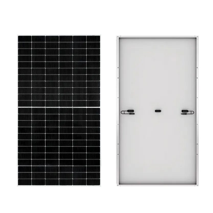 Combined front and back view of ST-M-550W solar panel showing photovoltaic cells and junction box with connectors