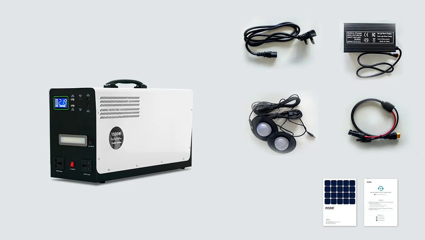 The DQ1208 Portable Power Station package includes main unit, AC charger, solar panel connection cable, LED bulb, and battery charger.