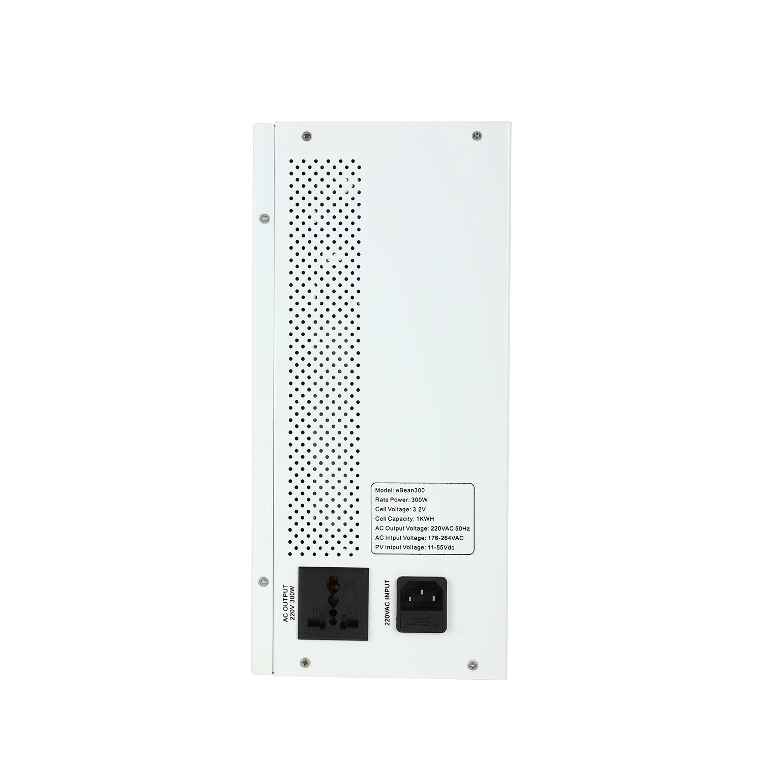 Right side view of eBean300 solar power system showing AC ports and ventilation