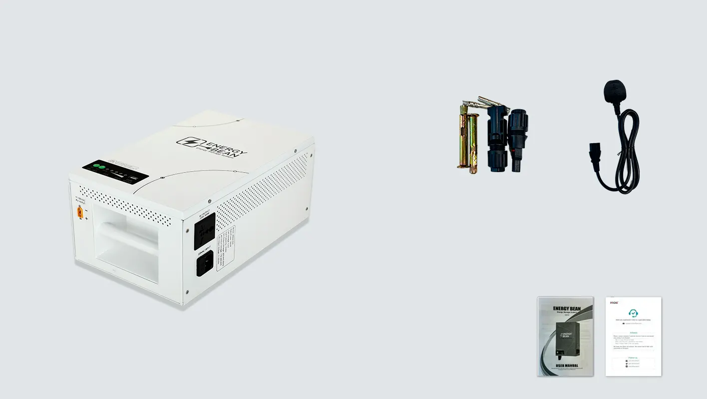 The eBean300 Portable Power Station package includes main unit, AC charger and MC4 connector
