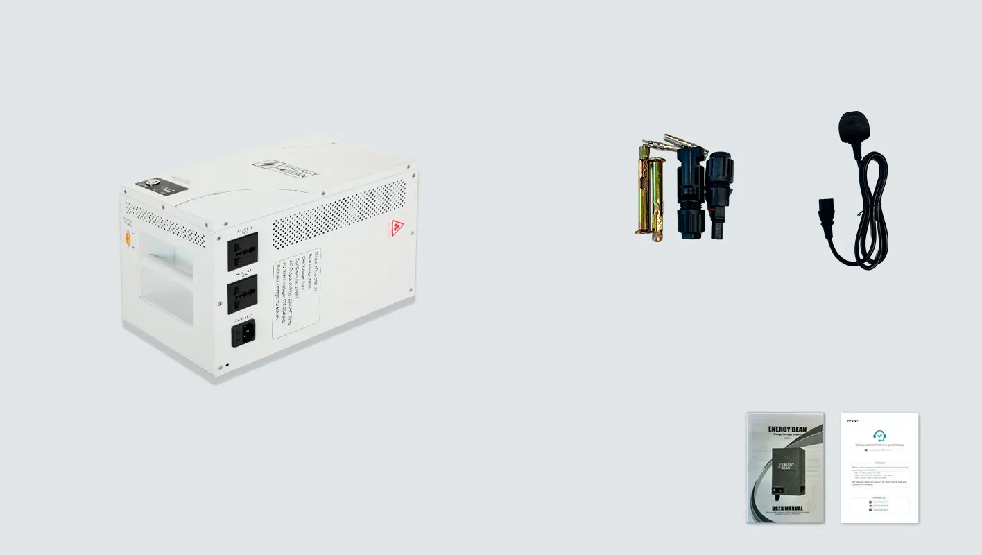 The eBean500 Portable Power Station package includes main unit, AC charger and MC4 connector