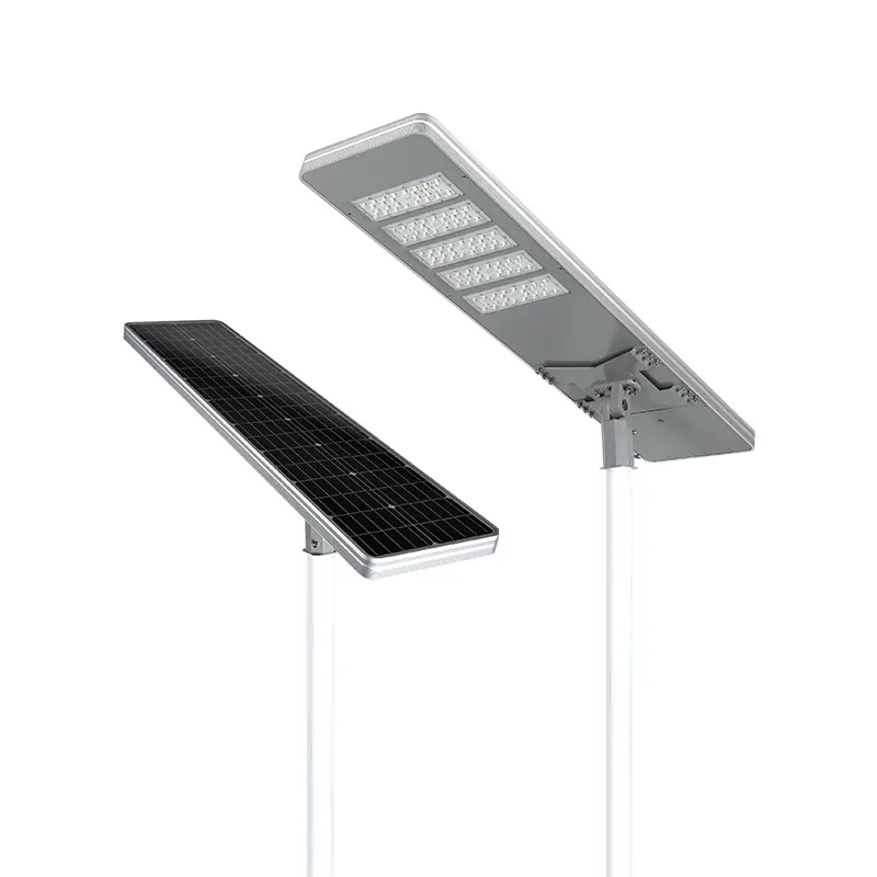 3D perspective front and back view of 0911 Series solar LED street light with integrated solar panel and durable outdoor structure