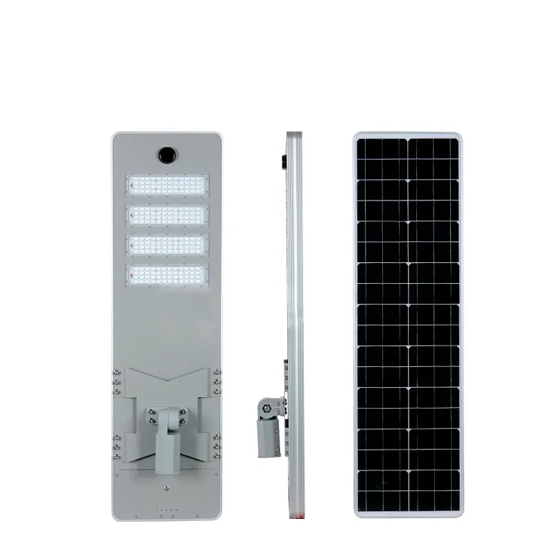 Front, back, and side view of 0911 Series solar LED street light highlighting slim housing and all-in-one design