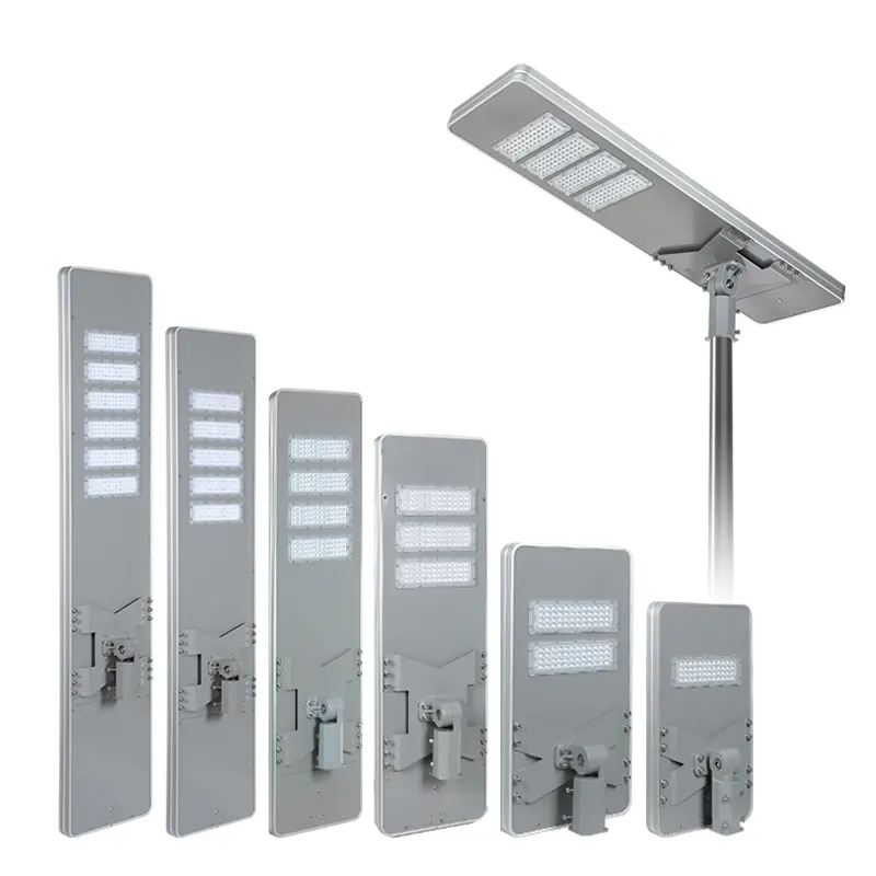 Six different models of 0911 Series solar LED street light displaying various power options for outdoor lighting applications