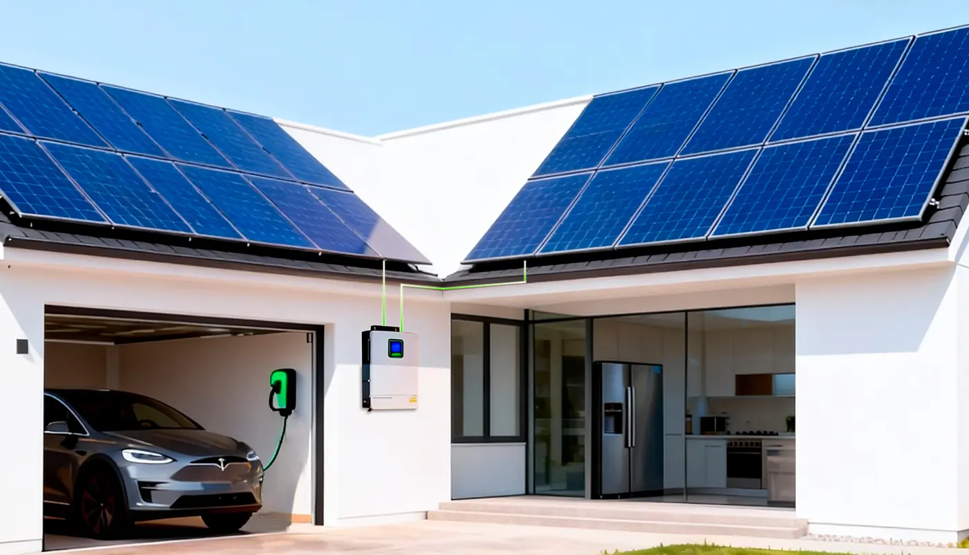 Two solar panel arrays facing different directions connected to the two independent MPPT channels of a THON hybrid inverter, simultaneously charging an electric vehicle and powering home loads.