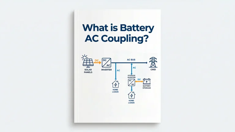 Battery AC coupling diagram showing how solar panels, storage inverter, battery system, loads, and the utility grid are connected on the AC side