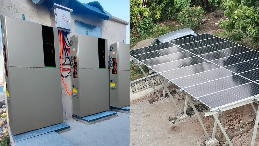 Três unidades residenciais de armazenamento de energia DQ1906 são ligadas em paralelo para fornecer energia fora da rede a uma residência no Quénia.